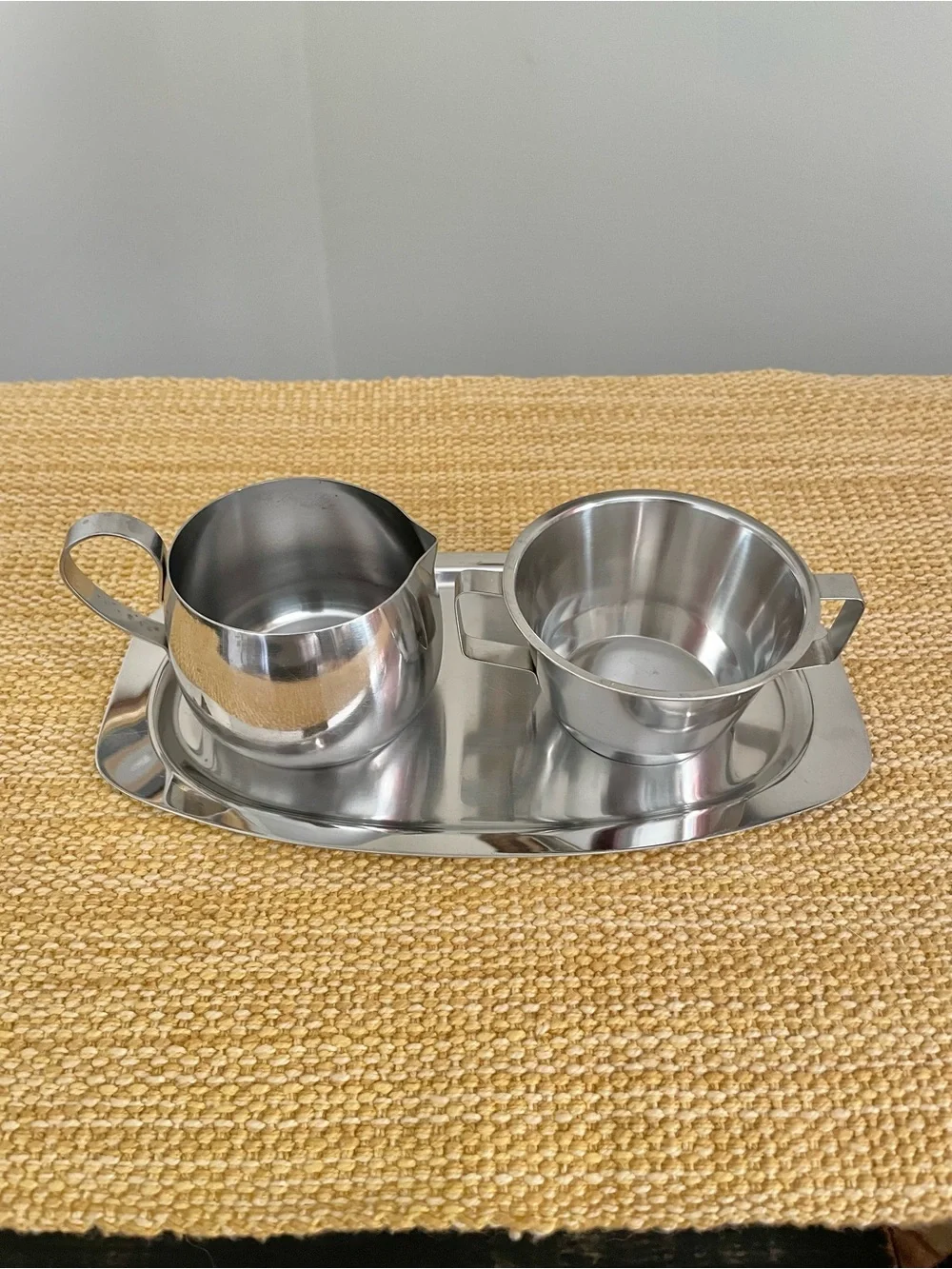 Vintage 1960s, Lundtofte Denmark Stainless Steel Creamer, Sugar Bowl & Tray MCM